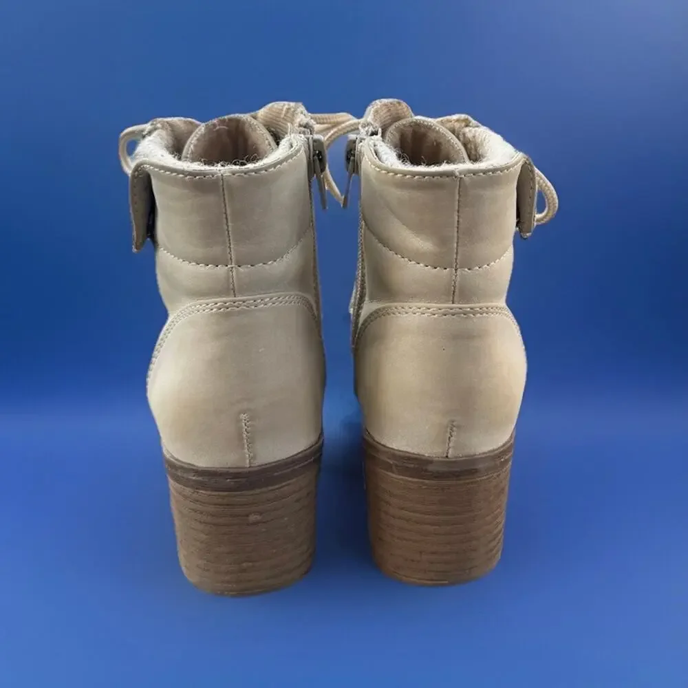 Pop Girls Beige Lace Up Ankle Booties Side Zip Block Heel Girls Size 12M
